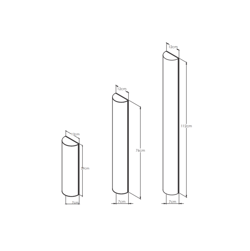 Desenho técnico da arandela moderna Bella Itália para parede, com dimensões de 50cm de altura, 12cm de largura e 6cm de profundidade.